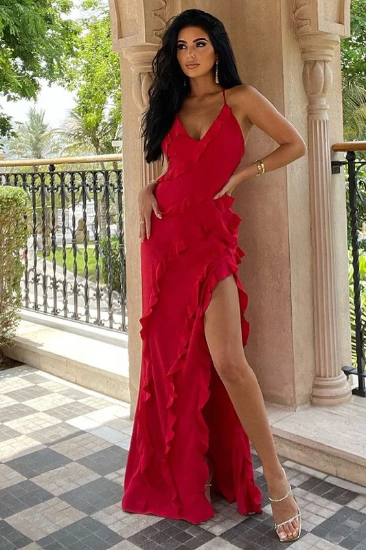 Strapless Women Dress with a Built - in Bra for Comfort and SupportRun The World | Red Plunge Neckline Ruffle Maxi Dress Strapless Women Dress with a Built - in Bra for Comfort and SupportRun The World | Red Plunge Neckline Ruffle Maxi Dress