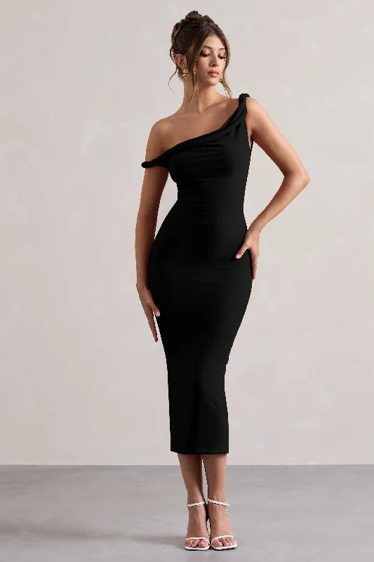 Sheath Women Dress with a Tailored Fit for a Professional LookSalome | Black Twisted Asymmetric Midi Dress Sheath Women Dress with a Tailored Fit for a Professional LookSalome | Black Twisted Asymmetric Midi Dress