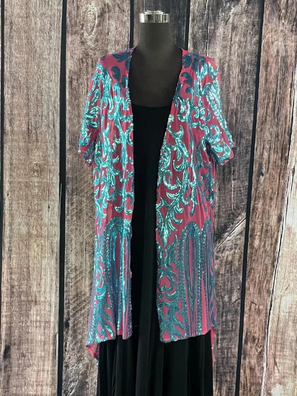 Plus Size Women's Fit - and - Flare Sweater Dresses with Ruffled HemSequin Duster In Pink/blue Plus Size Women's Fit - and - Flare Sweater Dresses with Ruffled HemSequin Duster In Pink/blue