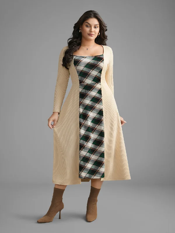 Sleeveless Women's Silk Blend Sweater Dresses for a Sophisticated LookSquare Neck Plaid Patchwork Knit Dress Sleeveless Women's Silk Blend Sweater Dresses for a Sophisticated LookSquare Neck Plaid Patchwork Knit Dress