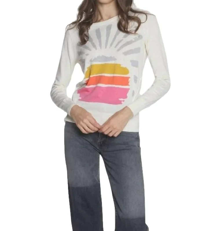 Plus Size Women's Tunic - Style Sweater Dresses with PocketsSunburst Crew Top In White Multi Plus Size Women's Tunic - Style Sweater Dresses with PocketsSunburst Crew Top In White Multi