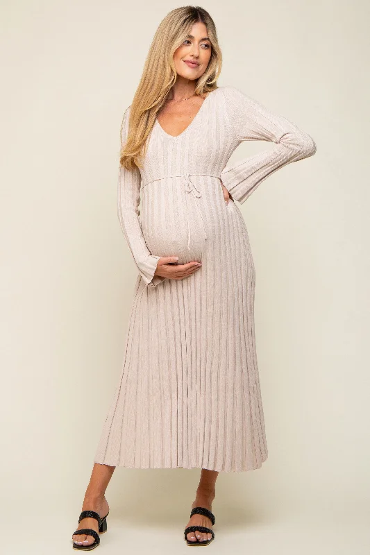 Plus Size Women's Tunic - Style Sweater Dresses with PocketsTaupe Ribbed Maternity Knit Maxi Dress Plus Size Women's Tunic - Style Sweater Dresses with PocketsTaupe Ribbed Maternity Knit Maxi Dress