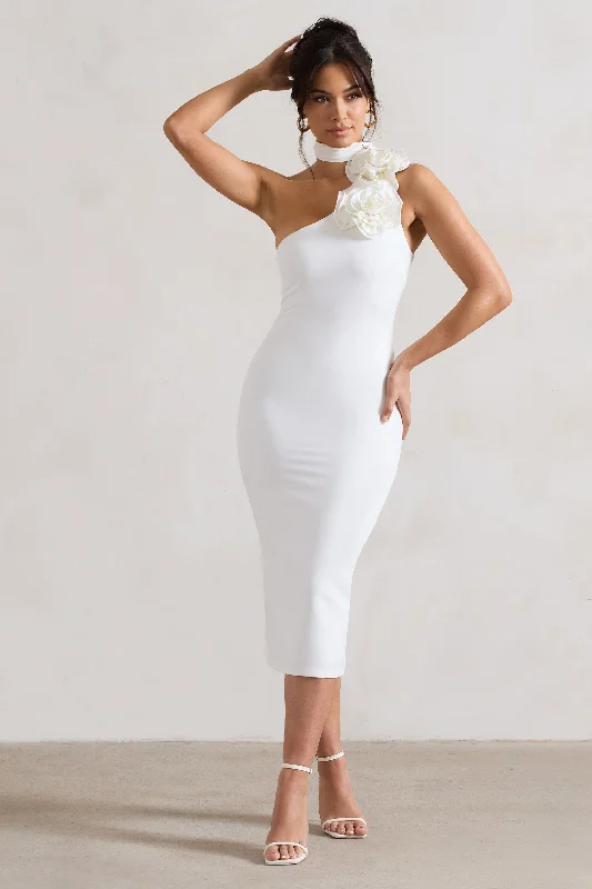Lace - Embellished Women Dress for an Elegant and Sophisticated AppearanceThe Soiree | White Bodycon Midi Dress With Ruffled Choker Lace - Embellished Women Dress for an Elegant and Sophisticated AppearanceThe Soiree | White Bodycon Midi Dress With Ruffled Choker