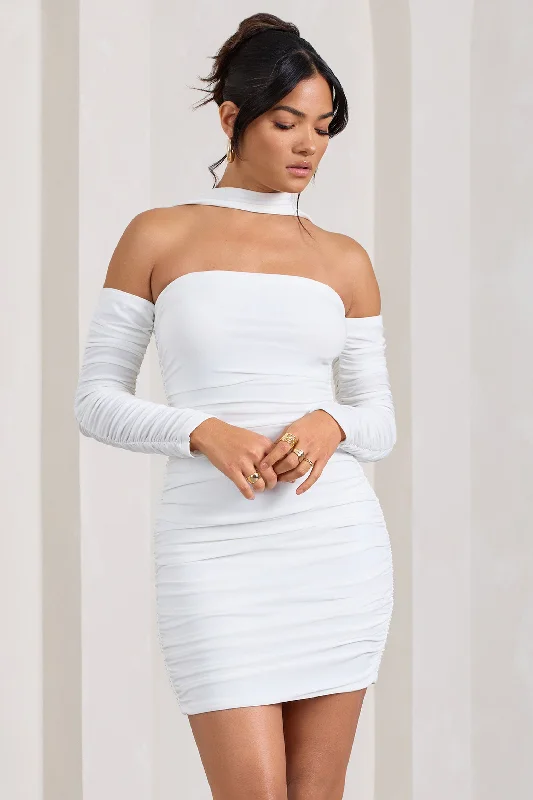 Empire Waist Women Dress to Accentuate the Bust and Conceal the WaistThea | White Ruched Long-Sleeved Bodycon Mini Dress With Halter Collar Empire Waist Women Dress to Accentuate the Bust and Conceal the WaistThea | White Ruched Long-Sleeved Bodycon Mini Dress With Halter Collar