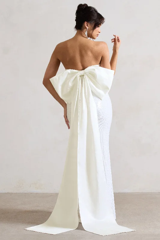 Mini Women Dress with a Short Hem for a Young and Trendy StyleTo You | White Sequin Bandeau Split Maxi Dress With Oversized Bow Mini Women Dress with a Short Hem for a Young and Trendy StyleTo You | White Sequin Bandeau Split Maxi Dress With Oversized Bow