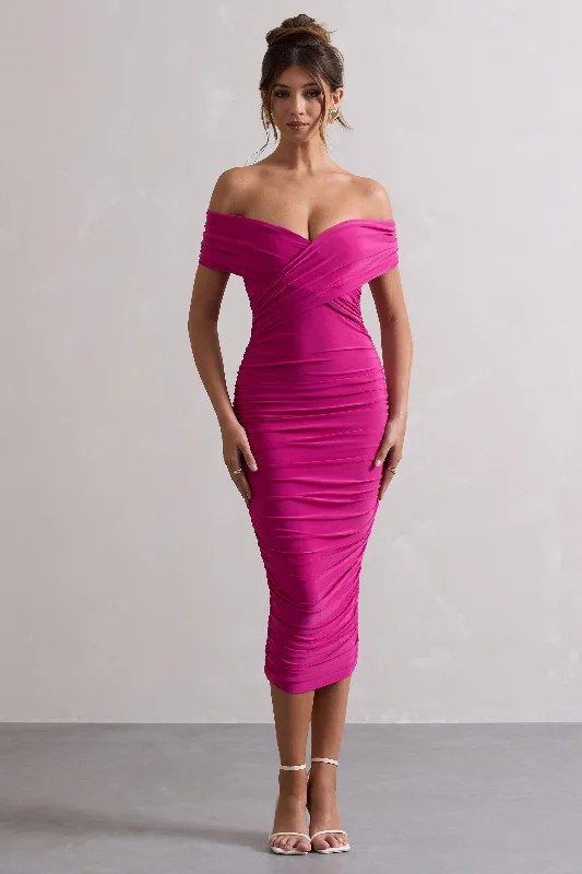 Off - the - Shoulder Women Dress for a Romantic and Feminine LookUnwrapped | Dark Pink Ruched Twist Bardot Midi Dress Off - the - Shoulder Women Dress for a Romantic and Feminine LookUnwrapped | Dark Pink Ruched Twist Bardot Midi Dress
