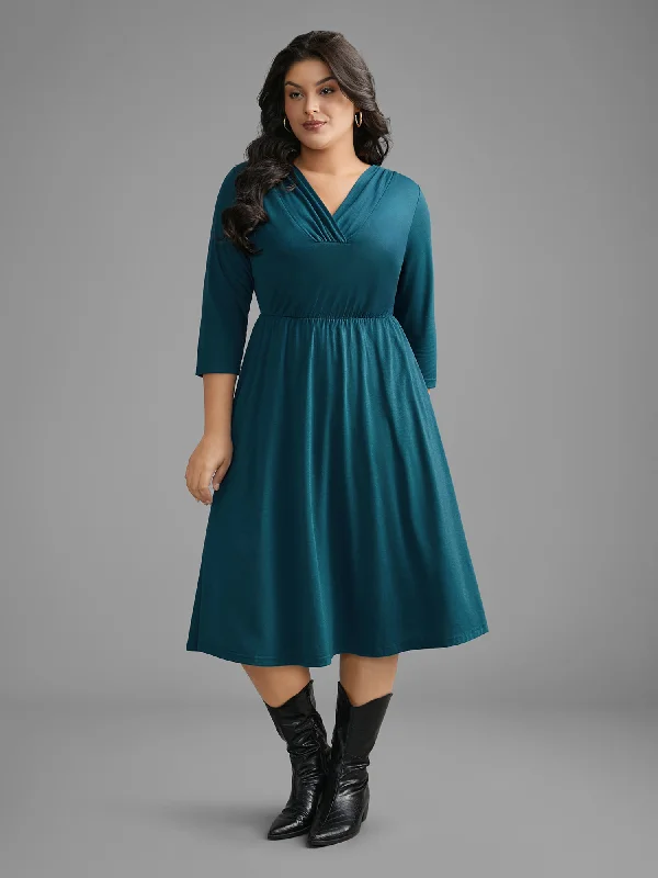 Plus Size Women's Tunic - Style Sweater Dresses with PocketsV Neck Gathered Midi Knit Dress Plus Size Women's Tunic - Style Sweater Dresses with PocketsV Neck Gathered Midi Knit Dress