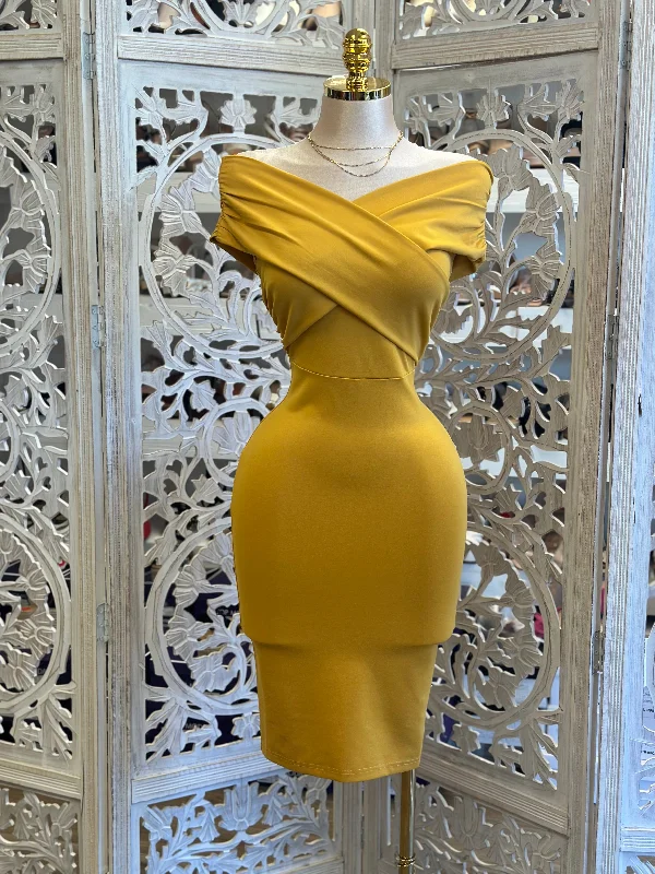 Halter Neck Women Dress to Show Off the Shoulders and NecklineWrapped Mustard Off Shoulder Dress- Stretchy, Estira Halter Neck Women Dress to Show Off the Shoulders and NecklineWrapped Mustard Off Shoulder Dress- Stretchy, Estira