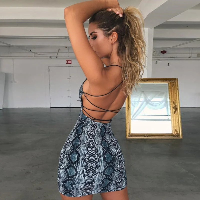 Wrap - Style Women Dress with Adjustable Fit for All Body Types Wrap - Style Women Dress with Adjustable Fit for All Body Types BerriesJam - Cross Bandage Sleeveless Snake Animal Print Club Dress