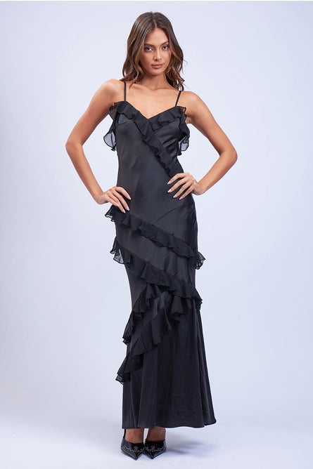 Halter Neck Women Dress to Show Off the Shoulders and Neckline Halter Neck Women Dress to Show Off the Shoulders and Neckline Satin Ruffle Trim Maxi