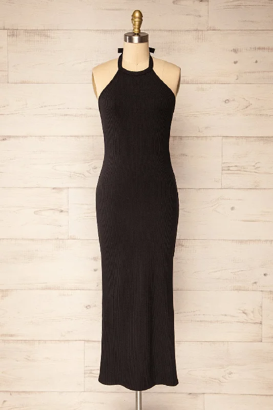 Midi dresses with tassel accents for a bohemian and free - spirited styleAnikara | Black Ribbed Midi Halter Dress Midi dresses with tassel accents for a bohemian and free - spirited styleAnikara | Black Ribbed Midi Halter Dress