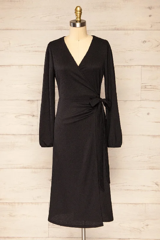 Midi dresses with side slits for a sexy and elegant appearanceBelfort Black | Textured Wrap Midi Dress w/ Long Sleeves Midi dresses with side slits for a sexy and elegant appearanceBelfort Black | Textured Wrap Midi Dress w/ Long Sleeves