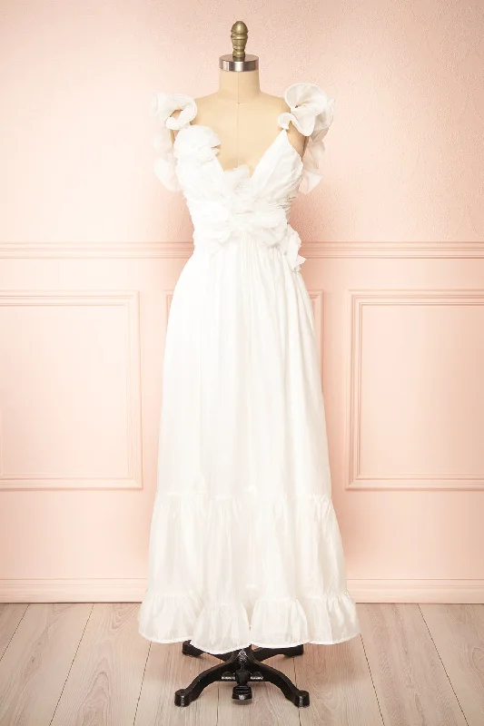Midi dresses with tassel accents for a bohemian and free - spirited styleBinette | Long White Dress w/ 3D Flowers Midi dresses with tassel accents for a bohemian and free - spirited styleBinette | Long White Dress w/ 3D Flowers