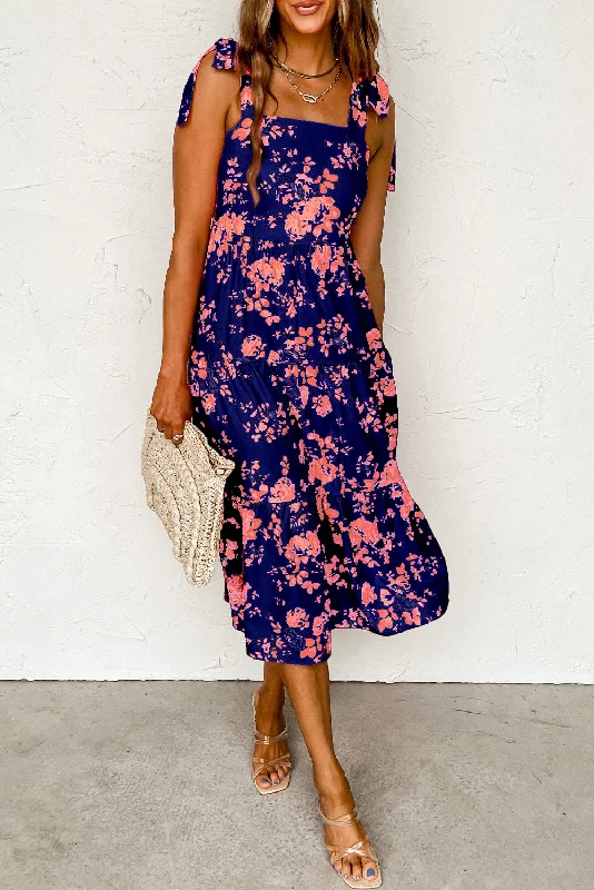 Midi dresses with cotton - blend materials for everyday comfortFloral Knotted Straps Tiered Midi Dress Midi dresses with cotton - blend materials for everyday comfortFloral Knotted Straps Tiered Midi Dress