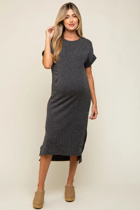 Midi dresses with off - the - shoulder necklines for a flirty lookCharcoal Ribbed Short Sleeve Maternity Midi Dress Midi dresses with off - the - shoulder necklines for a flirty lookCharcoal Ribbed Short Sleeve Maternity Midi Dress