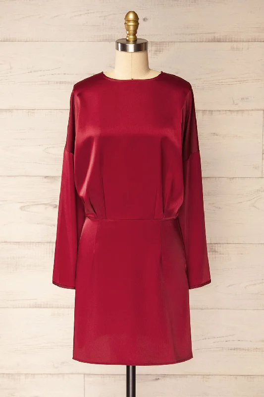 Wrap - style midi dresses in silk for a sophisticated office lookCombault Burgundy | Silky Long Sleeved Dress Wrap - style midi dresses in silk for a sophisticated office lookCombault Burgundy | Silky Long Sleeved Dress