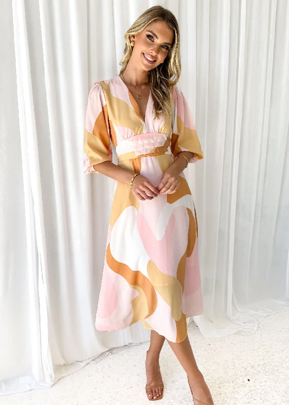 Midi dresses with animal prints for a bold and confident appearanceEviana Midi Dress - Blush Swirl Midi dresses with animal prints for a bold and confident appearanceEviana Midi Dress - Blush Swirl