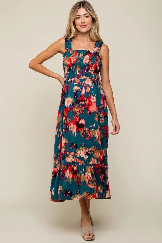 Midi dresses with animal prints for a bold and confident appearanceForest Green Printed Smocked Maternity Midi Dress Midi dresses with animal prints for a bold and confident appearanceForest Green Printed Smocked Maternity Midi Dress