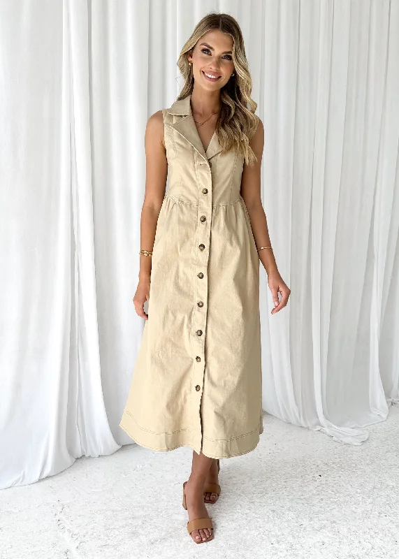 Midi dresses with belted waists to accentuate the figureFurger Stretch Denim Midi Dress - Beige Midi dresses with belted waists to accentuate the figureFurger Stretch Denim Midi Dress - Beige