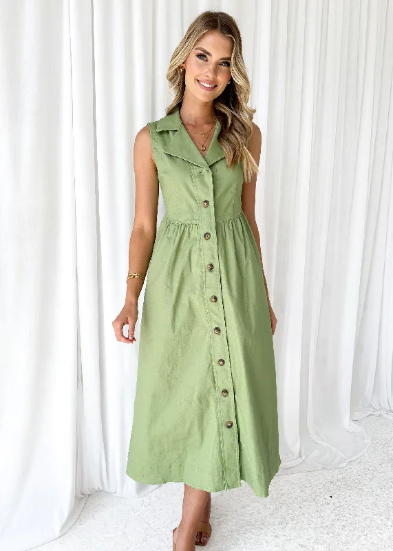 Midi dresses with pleated skirts for a timeless and elegant appealFurger Stretch Denim Midi Dress - Khaki Midi dresses with pleated skirts for a timeless and elegant appealFurger Stretch Denim Midi Dress - Khaki