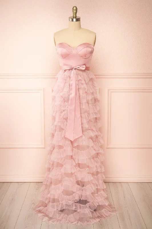 Midi dresses with halter necks for a stylish and comfortable optionJurin Blush | Bustier Maxi Dress w/ Ruffled Tulle Midi dresses with halter necks for a stylish and comfortable optionJurin Blush | Bustier Maxi Dress w/ Ruffled Tulle