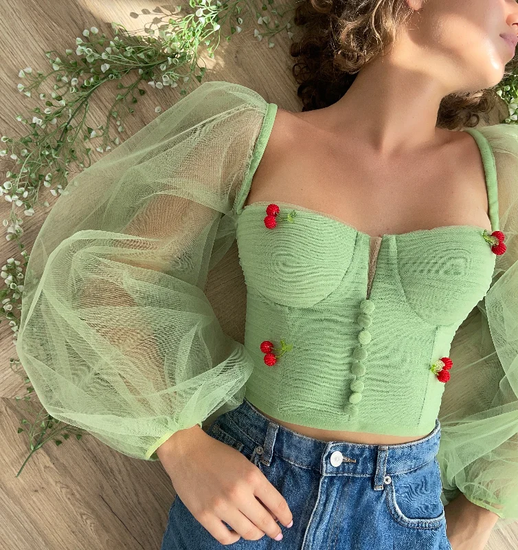 Midi dresses with ruffled bodices for a more pronounced feminine lookMint Cherry Bustier Midi dresses with ruffled bodices for a more pronounced feminine lookMint Cherry Bustier