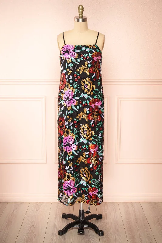 Midi dresses with button - down skirts for a unique and functional designMyrine | Straight Midi Dress w/ Sequin Flowers Midi dresses with button - down skirts for a unique and functional designMyrine | Straight Midi Dress w/ Sequin Flowers