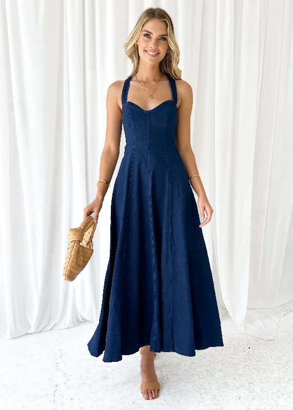 Midi dresses with tassel accents for a bohemian and free - spirited styleParmen Stretch Denim Midi Dress - Indigo Midi dresses with tassel accents for a bohemian and free - spirited styleParmen Stretch Denim Midi Dress - Indigo