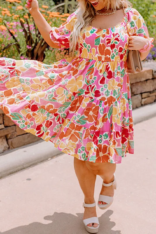 Midi dresses with gathered skirts for a full and flowing silhouetteFloral Smocked Ruffle Tiered Dress Plus Size Midi dresses with gathered skirts for a full and flowing silhouetteFloral Smocked Ruffle Tiered Dress Plus Size