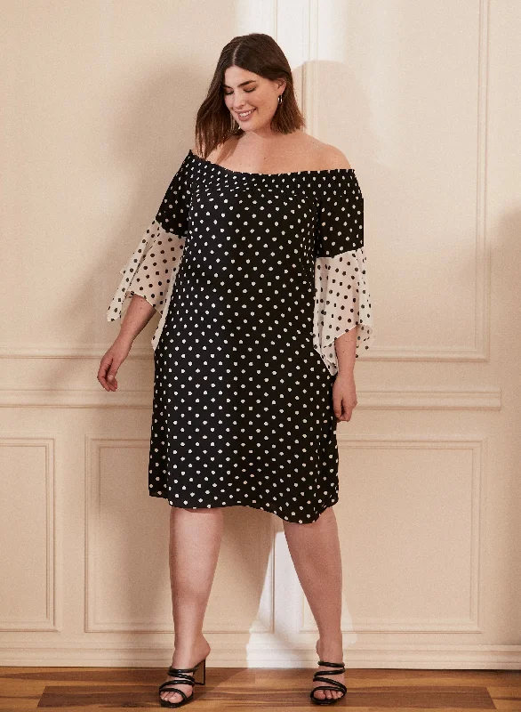 Midi dresses with denim fabric for a casual yet stylish day outPolka Dot Off-The-Shoulder Dress Midi dresses with denim fabric for a casual yet stylish day outPolka Dot Off-The-Shoulder Dress