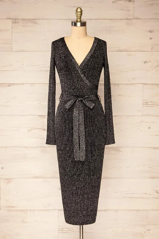 Midi dresses with cotton - blend materials for everyday comfortPunata | Black & Silver Ribbed Knit Midi Dress Midi dresses with cotton - blend materials for everyday comfortPunata | Black & Silver Ribbed Knit Midi Dress