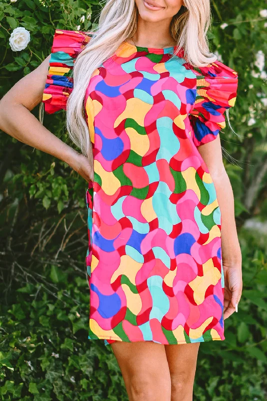Midi dresses with ruched bodices for a feminine and fitted feelAbstract Ruffle Sleeve Shift Dress Midi dresses with ruched bodices for a feminine and fitted feelAbstract Ruffle Sleeve Shift Dress