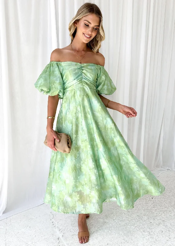 Midi dresses with V - necklines for a flattering and elongating effectShira Off Shoulder Midi Dress - Mint Midi dresses with V - necklines for a flattering and elongating effectShira Off Shoulder Midi Dress - Mint