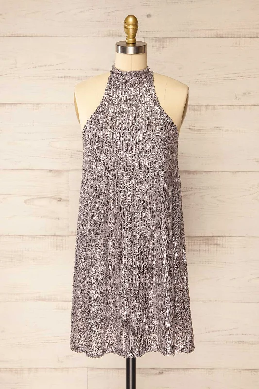 A - line midi dresses with floral prints for spring brunchesSingapour Silver | Short Sequin Dress w/ High Neck A - line midi dresses with floral prints for spring brunchesSingapour Silver | Short Sequin Dress w/ High Neck