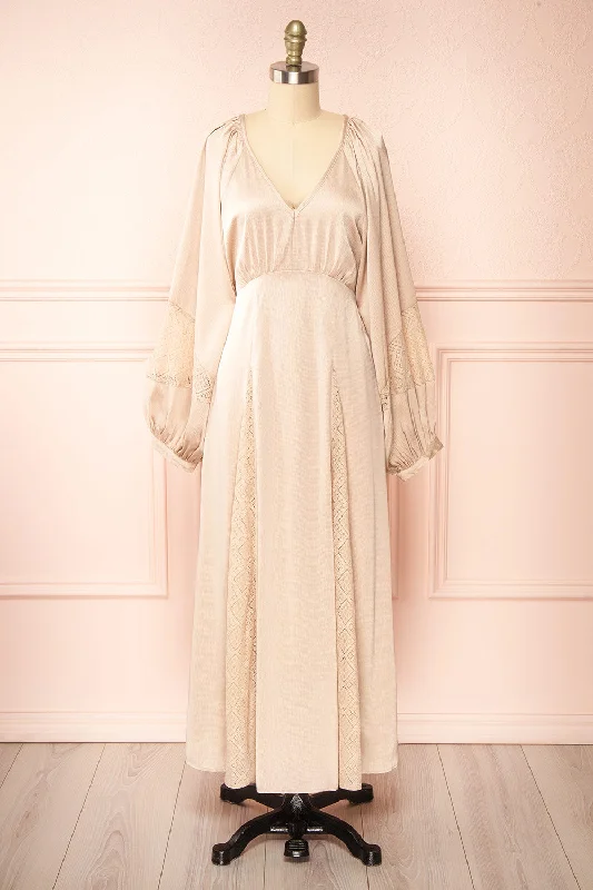 Midi dresses with pleated skirts for a timeless and elegant appealSirina | Long Sleeve Beige Maxi Dress w/ Lace Details Midi dresses with pleated skirts for a timeless and elegant appealSirina | Long Sleeve Beige Maxi Dress w/ Lace Details