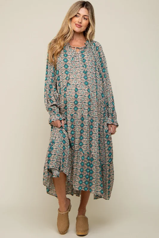 Midi dresses with satin - finish fabrics for a luxurious feelTurquoise Floral Front Tie Tiered Maternity Midi Dress Midi dresses with satin - finish fabrics for a luxurious feelTurquoise Floral Front Tie Tiered Maternity Midi Dress