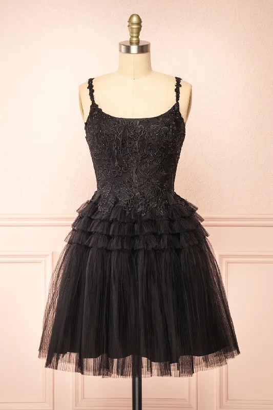 Midi dresses with belted waists to accentuate the figureZarielle | Short Black Tulle Tiered Dress Midi dresses with belted waists to accentuate the figureZarielle | Short Black Tulle Tiered Dress