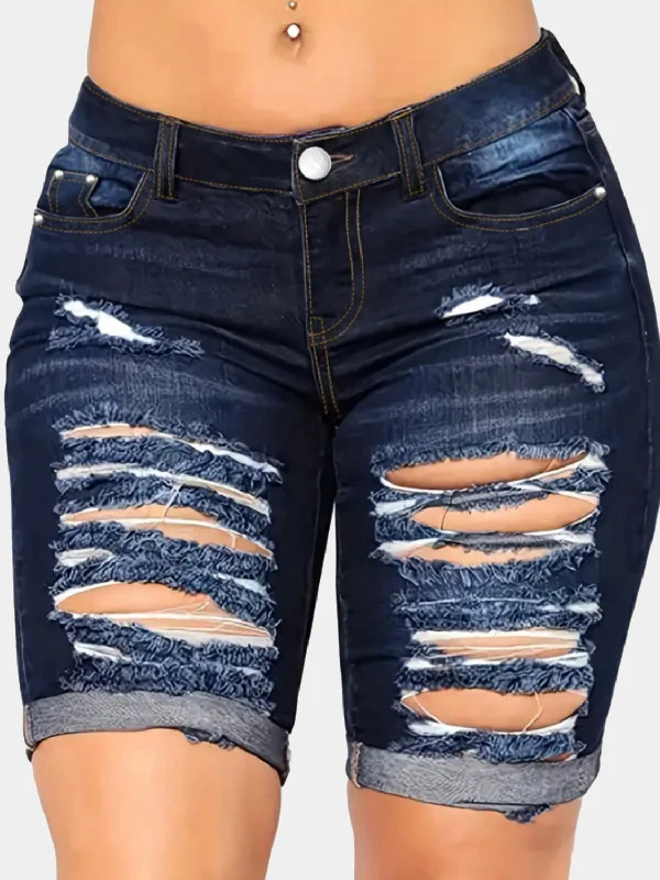 High - Waisted Plus Size Women's Denim Shorts with Distressed Details for a Trendy LookDistressed Denim Shorts with Pockets High - Waisted Plus Size Women's Denim Shorts with Distressed Details for a Trendy LookDistressed Denim Shorts with Pockets