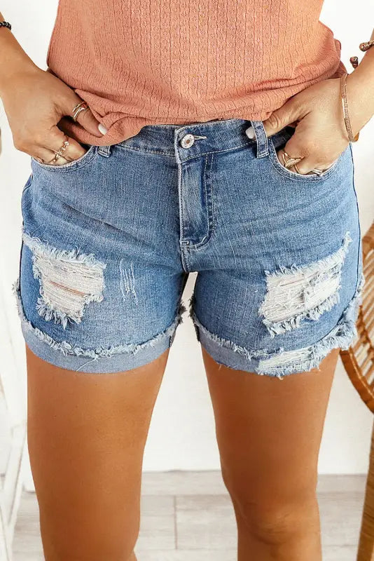 Plus Size Women's Stretch Denim Shorts with Belt Loops in Medium Wash for a Versatile FitDistressed Ripped Denim Shorts - Rolled Hem Plus Size Women's Stretch Denim Shorts with Belt Loops in Medium Wash for a Versatile FitDistressed Ripped Denim Shorts - Rolled Hem