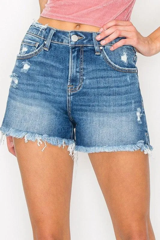 Plus Size Women's Elastic Waistband Linen Shorts in Navy Blue for a Comfortable Everyday OptionMEAGAN MID RISE DISTRESSED SHORTS Plus Size Women's Elastic Waistband Linen Shorts in Navy Blue for a Comfortable Everyday OptionMEAGAN MID RISE DISTRESSED SHORTS