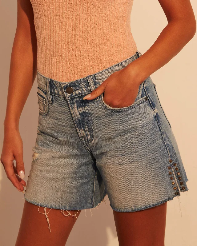Plus Size Women's Denim Shorts with Embroidered Flowers in Light Blue for a Feminine TouchOakley High Rise Denim Shorts Plus Size Women's Denim Shorts with Embroidered Flowers in Light Blue for a Feminine TouchOakley High Rise Denim Shorts