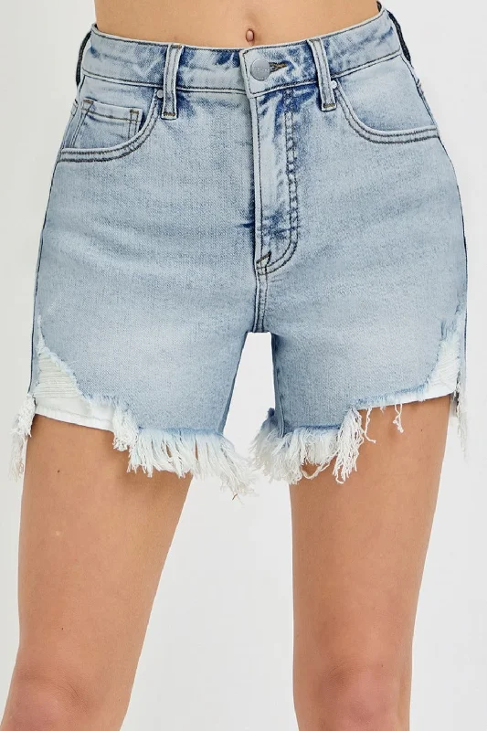 Plus Size Women's Denim Shorts with Embroidered Flowers in Light Blue for a Feminine TouchRISEN High Rise Side Step Hem Denim Shorts Plus Size Women's Denim Shorts with Embroidered Flowers in Light Blue for a Feminine TouchRISEN High Rise Side Step Hem Denim Shorts