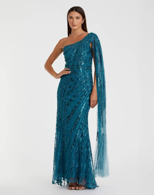 Maxi dresses with patchwork designs for a one - of - a - kind styleDark Blue One Shoulder Cape Sleeve Embellished Gown Maxi dresses with patchwork designs for a one - of - a - kind styleDark Blue One Shoulder Cape Sleeve Embellished Gown