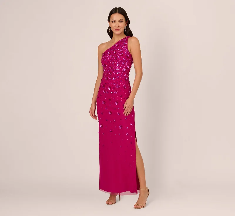Maxi dresses with cold - shoulder cutouts for a trendy look3D Floral Hand-Beaded One-Shoulder Long Column Gown In Hot Orchid Maxi dresses with cold - shoulder cutouts for a trendy look3D Floral Hand-Beaded One-Shoulder Long Column Gown In Hot Orchid