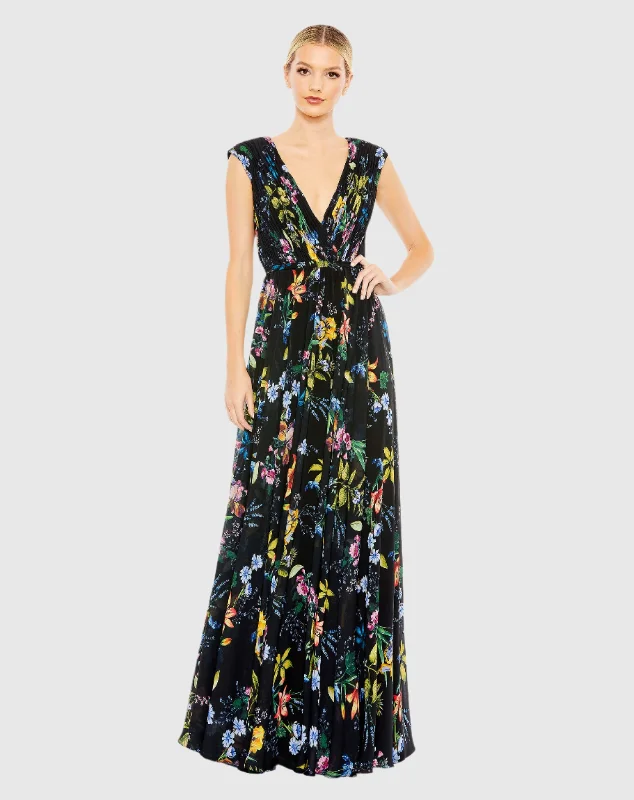 Maxi dresses with a wrap - around style for a customizable fitPleated Floral Cap Sleeve A Line Gown Maxi dresses with a wrap - around style for a customizable fitPleated Floral Cap Sleeve A Line Gown