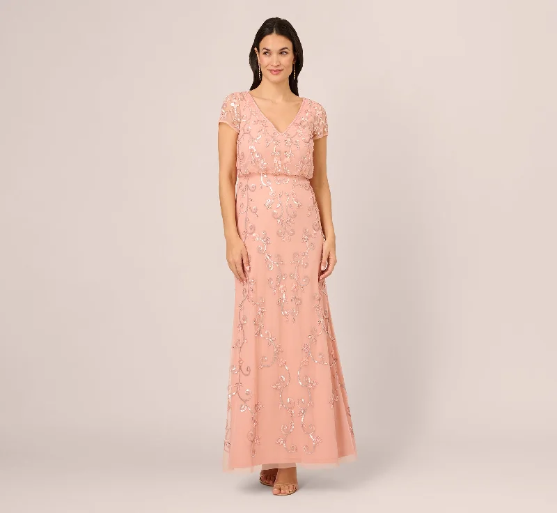 Maxi dresses with patchwork designs for a one - of - a - kind styleBeaded Blouson Mermaid Gown With Sheer Short Sleeves In Coral Coast Maxi dresses with patchwork designs for a one - of - a - kind styleBeaded Blouson Mermaid Gown With Sheer Short Sleeves In Coral Coast
