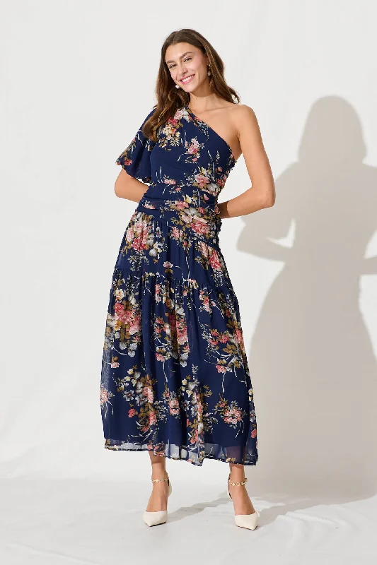 Denim maxi dresses with frayed hems for a casual lookBerlyn One Shoulder Maxi Dress In Navy Floral Chiffon Denim maxi dresses with frayed hems for a casual lookBerlyn One Shoulder Maxi Dress In Navy Floral Chiffon