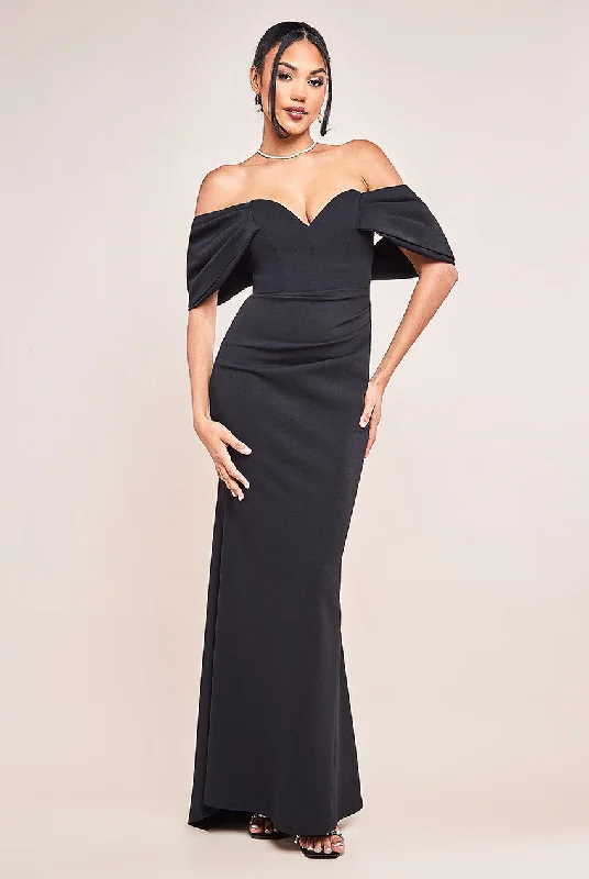 Maxi dresses with a wrap - around style for a customizable fitOff The Shoulder Draped Sleeve Maxi Dress - Black by Goddiva Maxi dresses with a wrap - around style for a customizable fitOff The Shoulder Draped Sleeve Maxi Dress - Black by Goddiva