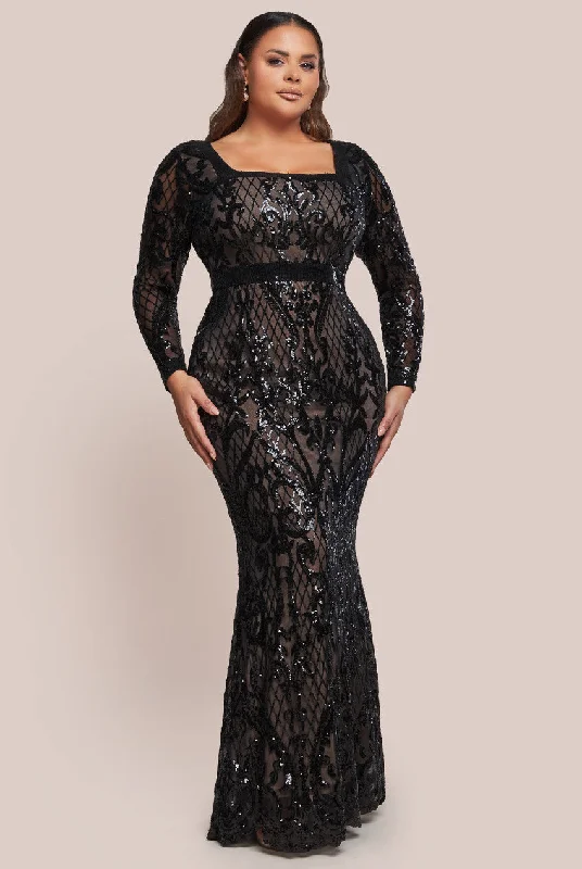 Maxi dresses with fringe trim for a bohemian vibeGoddiva Plus Sequin Square Neck Maxi With Scallop Hem - Black Maxi dresses with fringe trim for a bohemian vibeGoddiva Plus Sequin Square Neck Maxi With Scallop Hem - Black