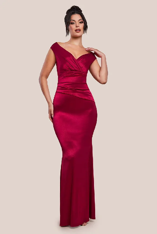 Maxi dresses with a keyhole back for a sexy detailGoddiva Satin Off The Shoulder Maxi Dress - Wine Maxi dresses with a keyhole back for a sexy detailGoddiva Satin Off The Shoulder Maxi Dress - Wine